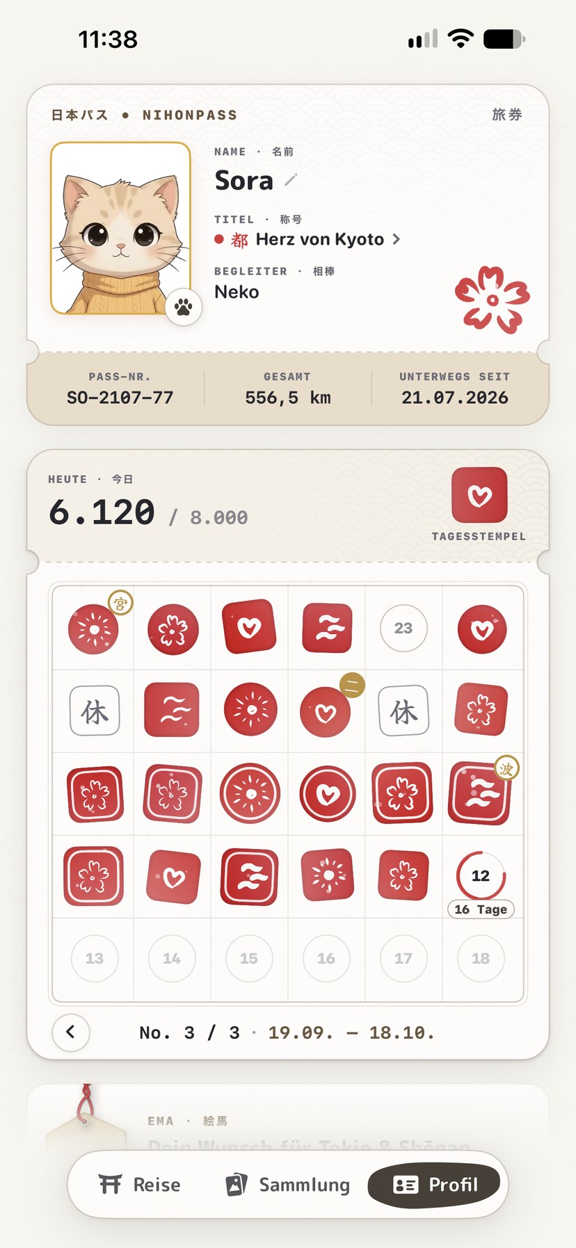 NihonPass Profil, Reisepass & Hanko-Kalender