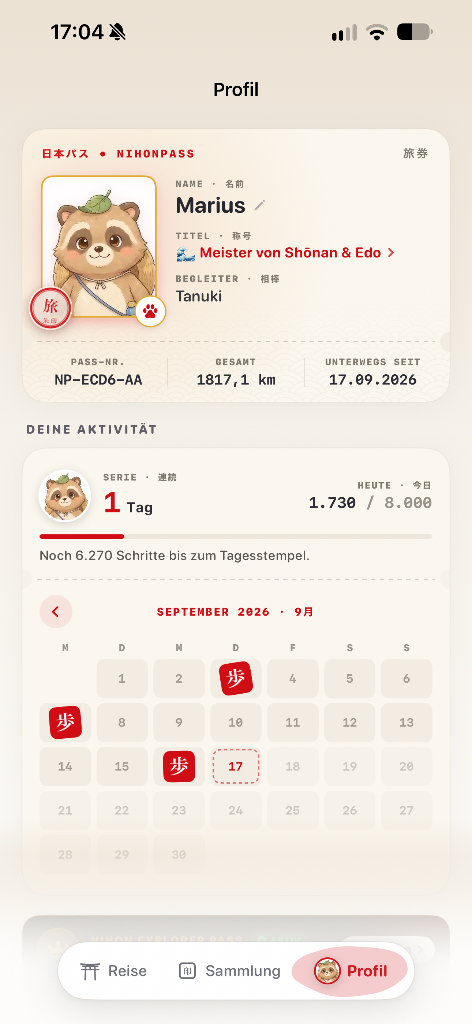 NihonPass Profil, Reisepass & Hanko-Kalender