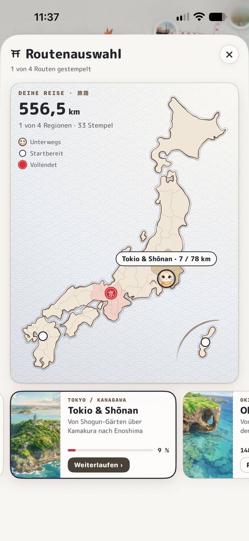 NihonPass Routenauswahl mit Japan-Karte